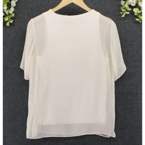 Vince Women's 100% Silk Short Sleeve Crewneck Overlay Blouse Beige Sz S - Picture 2 of 9